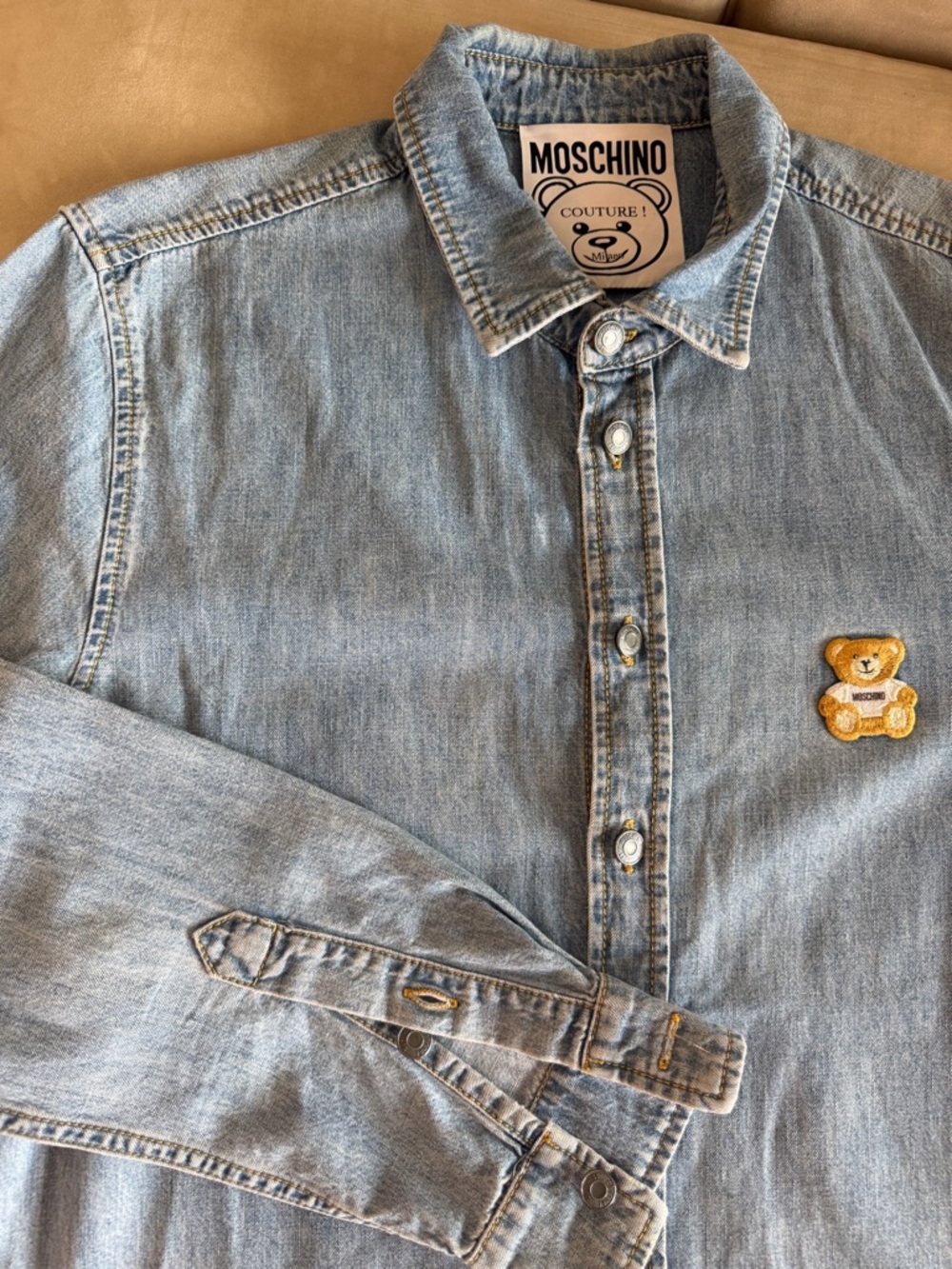 Moschino Denim Patch Teddy Emblem in Blue and Gold